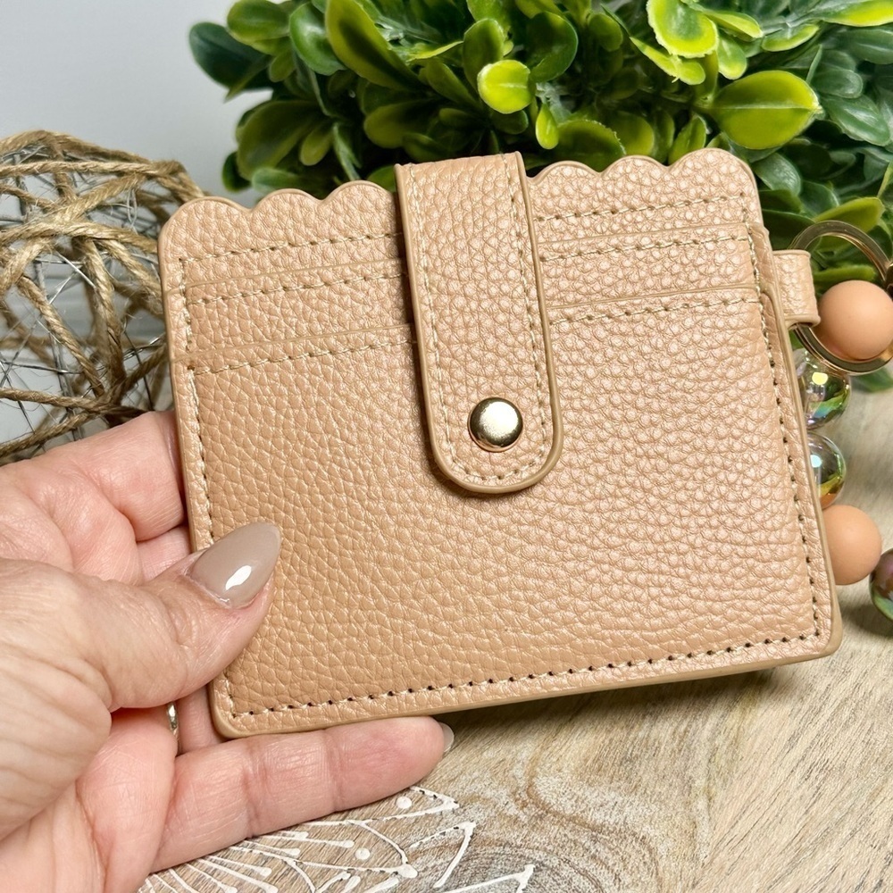 Card Holder Wristlet with Handmade Beaded Keychain in Tan - Picture 3 of 9